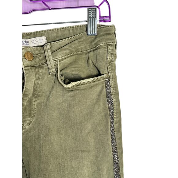 Zara Basic Stretch Skinny Jeans Size 06 Olive Rhinestone Embellished Distressed - Picture 4 of 7